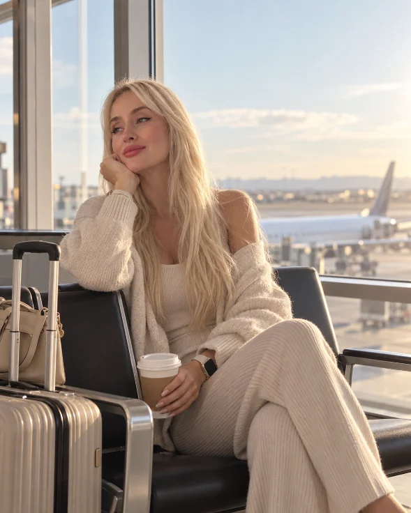 Woman relaxing in an airport lounge with her suitcase and a coffee before a solo trip