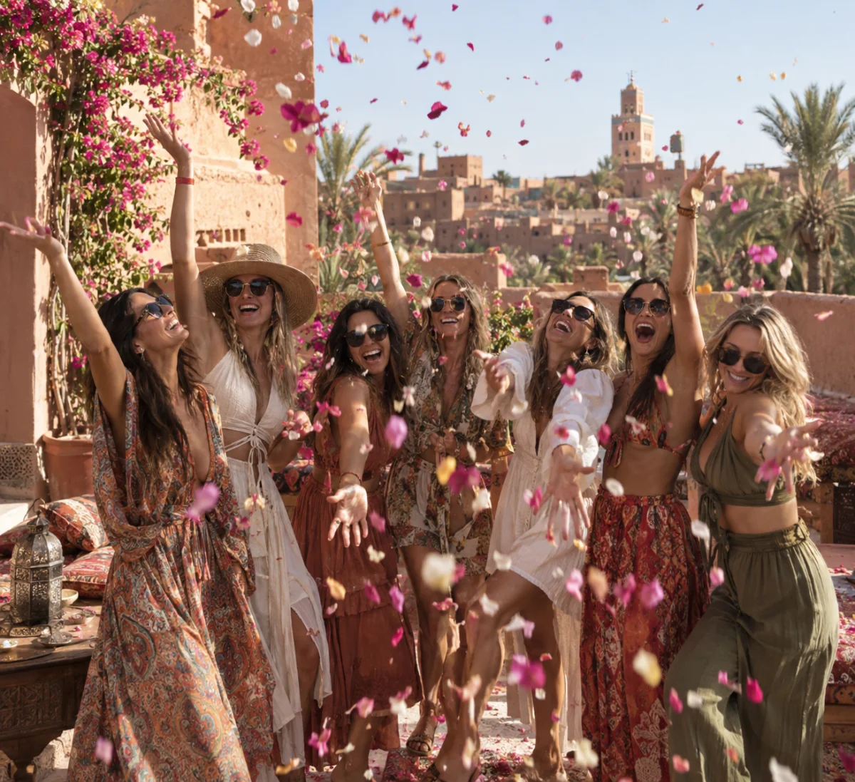 Women celebrating together on a sunny rooftop
