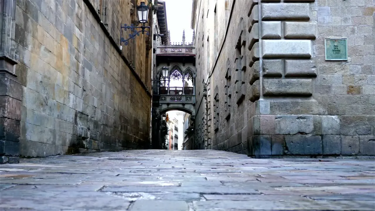 Carrer del Bisbe and its carved stone bridge in the Gothic Quarter