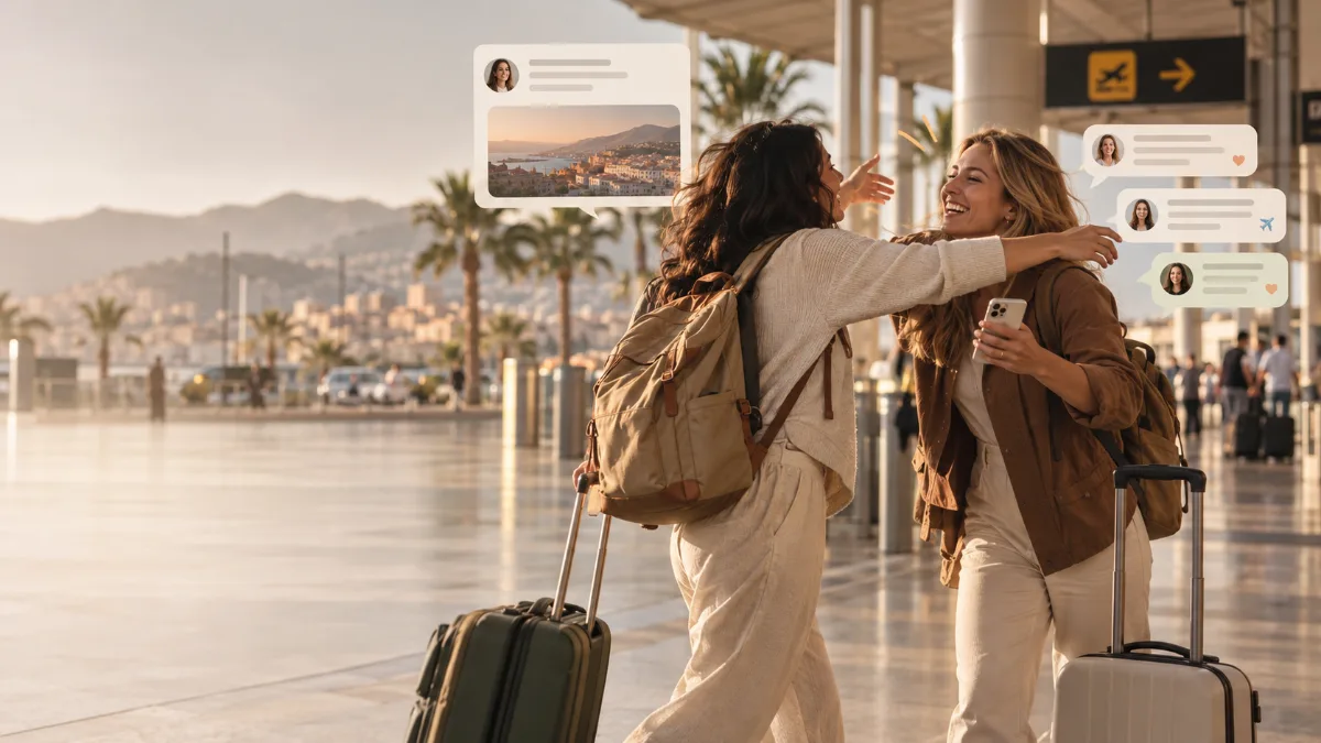 Two women with backpacks and suitcases hugging at a sunny airport, with message bubbles floating around them