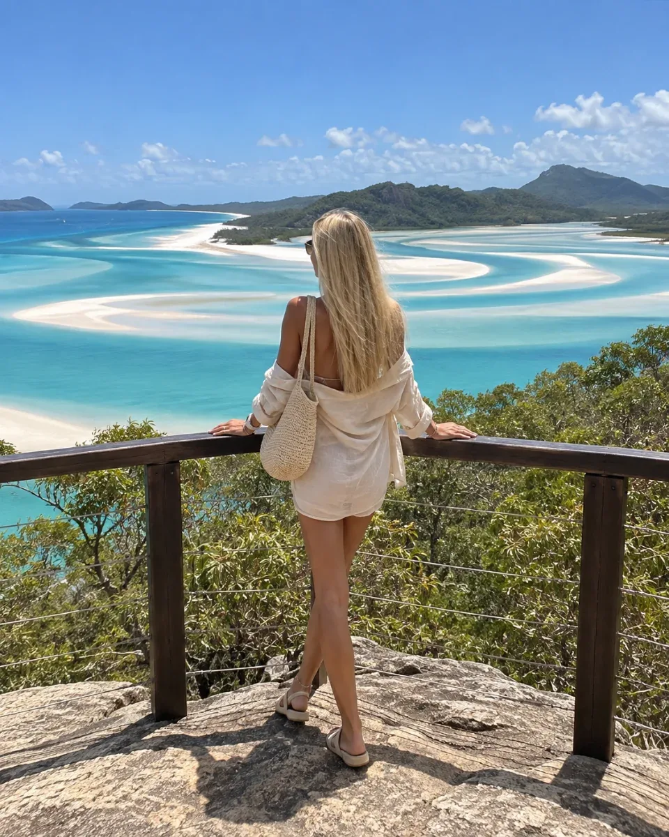 Val at a wooden lookout above swirling white sand and turquoise water