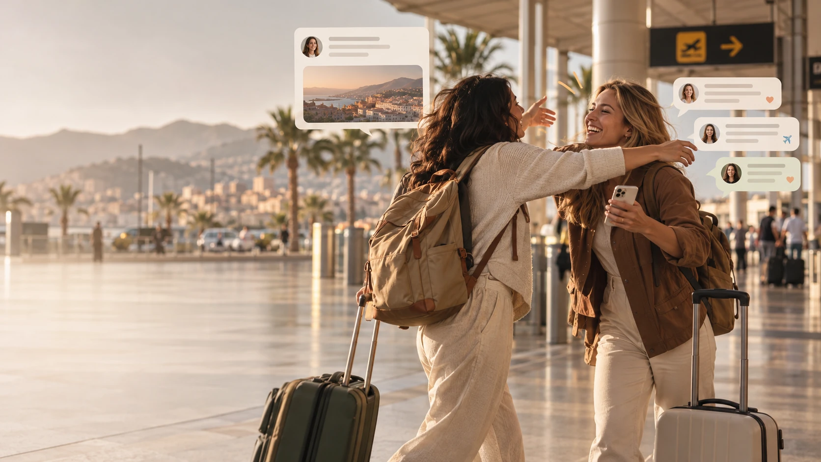 Two travel friends meeting up