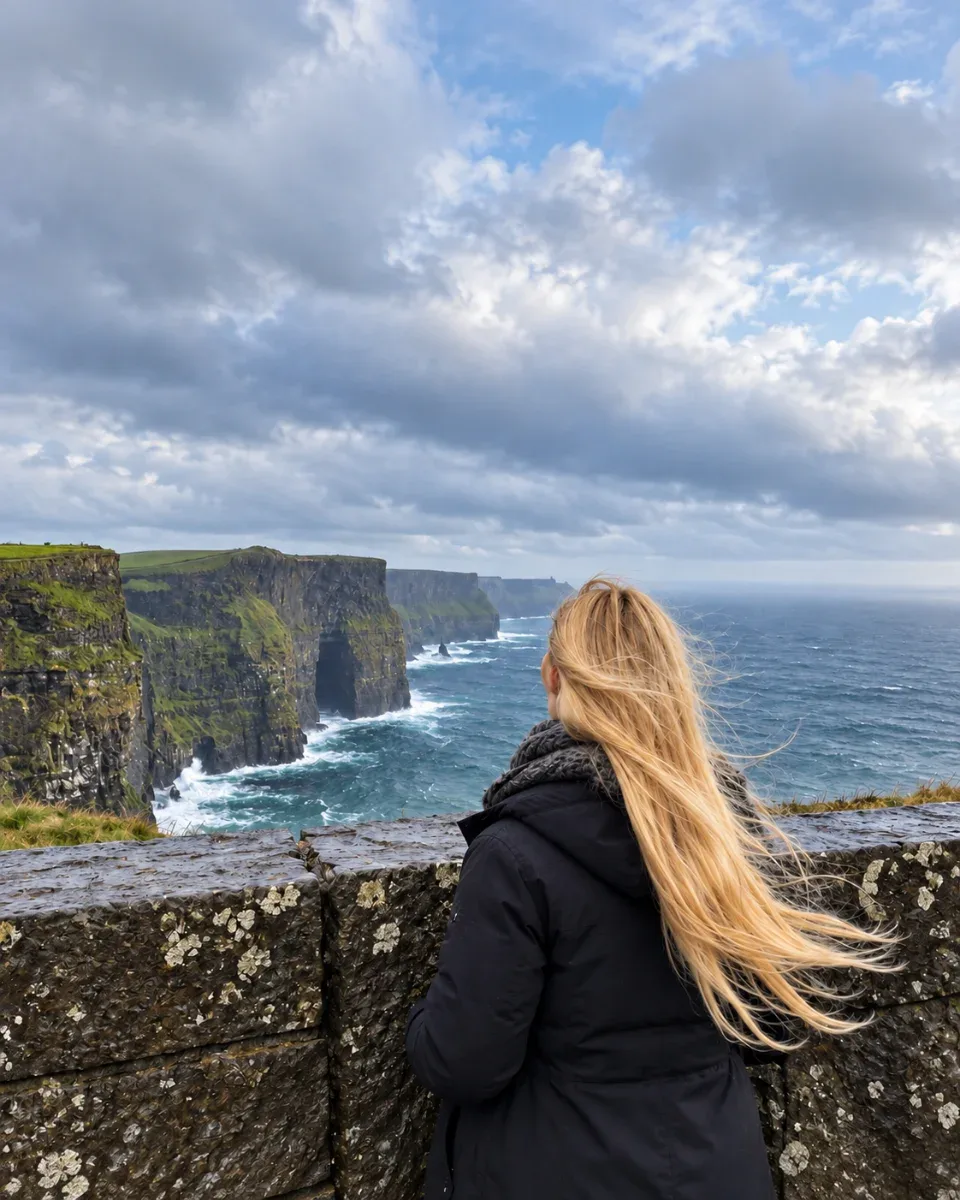 Val looking out over green sea cliffs and the Atlantic from a stone wall on a windy day