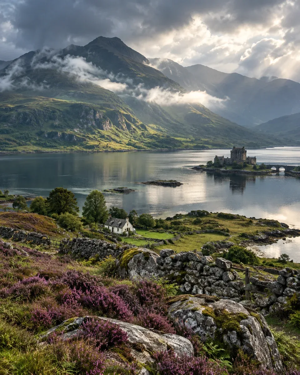 A castle on a small island in a Highland loch, with heather in the foreground and misty mountains behind