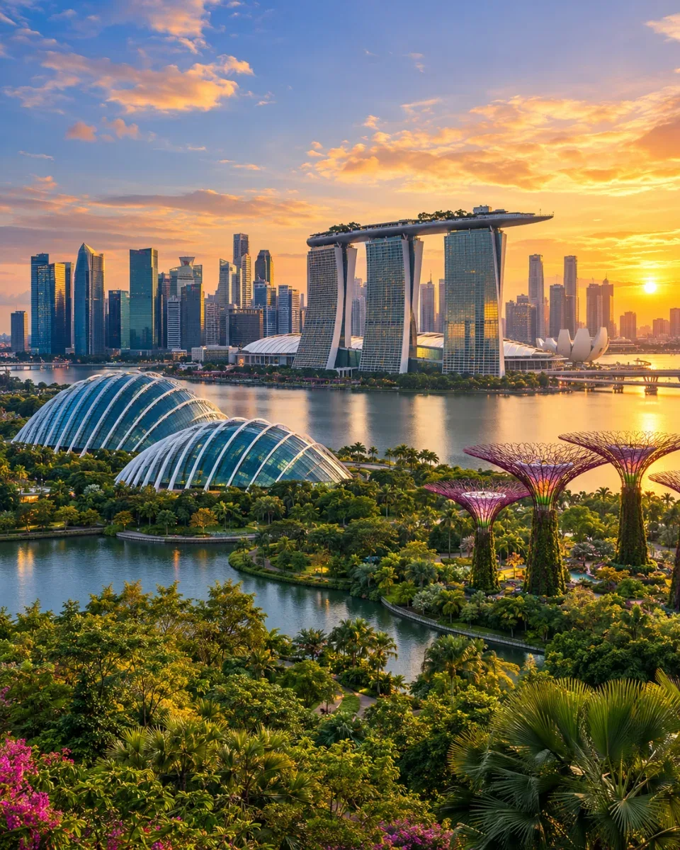 Singapore’s skyline across the bay at sunset, with glass conservatories and tree-like garden structures in front