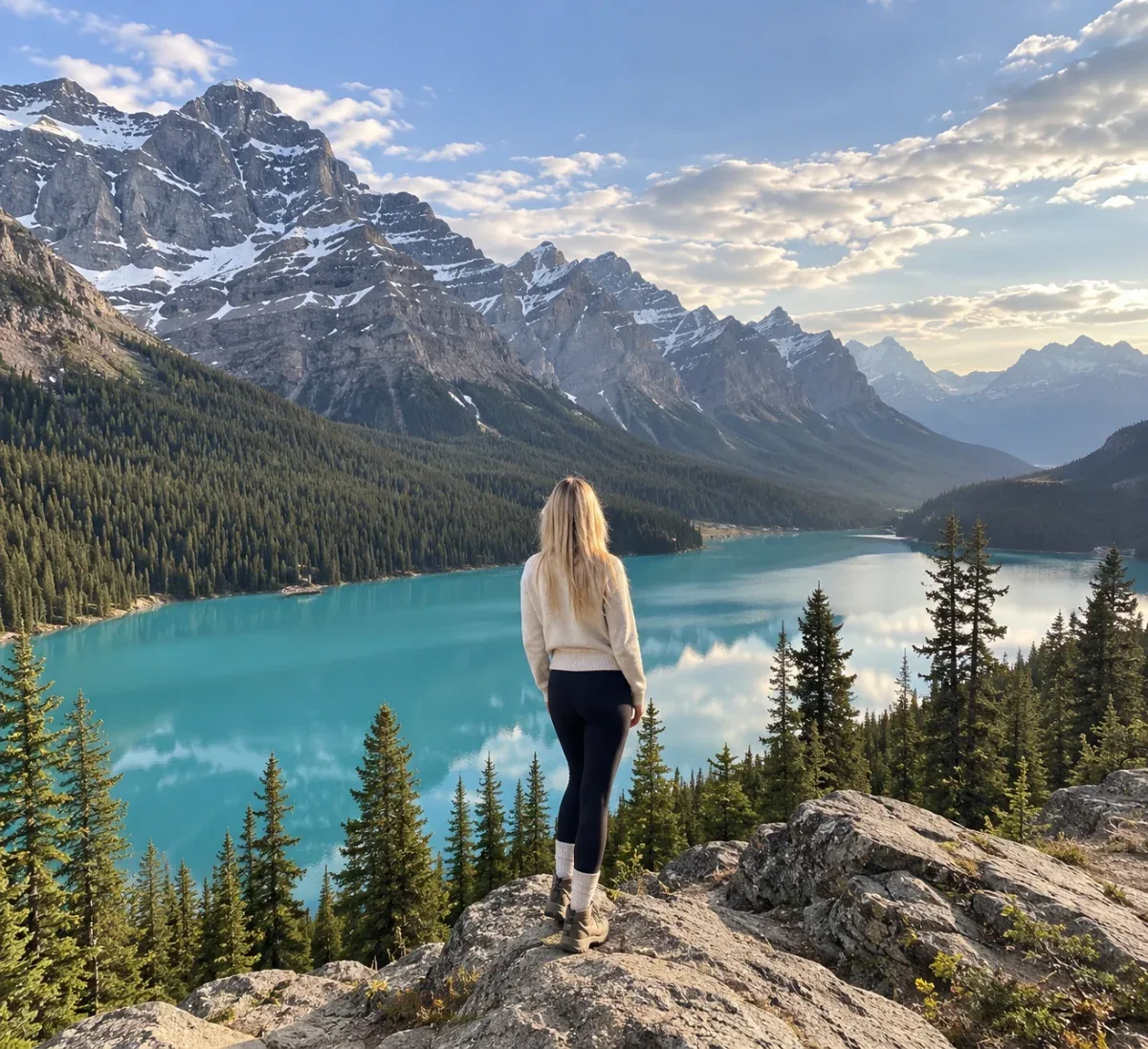 A woman with long blonde hair stands on a rocky lookout above a turquoise mountain lake surrounded by pine forest